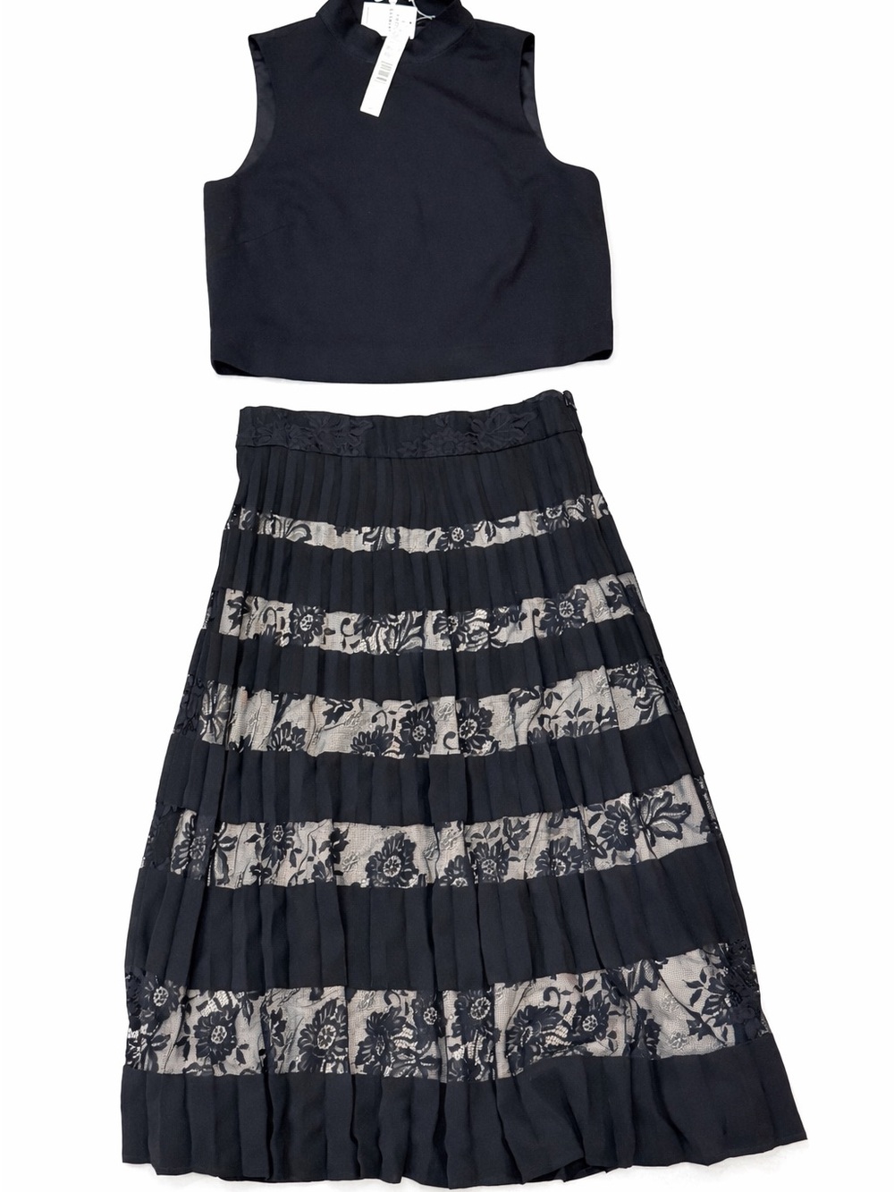 ANTONIO MELANI Black Pleated Lace-Panel Midi Skirt